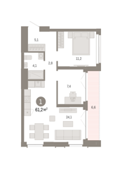 1-комн. кв. 61,2м² , 19 этаж - фото 1