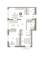 2-комн. кв. 77,5м² , 12 этаж - фото 1