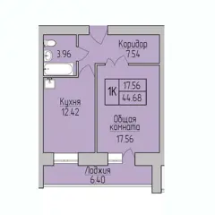 1-комн. кв. 44,7м² , 9 этаж - фото 1