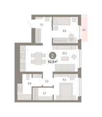 2-комн. кв. 62,8м² , 6 этаж - фото 1