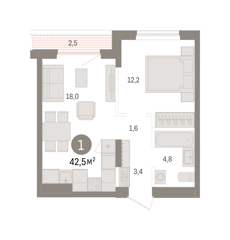 1-комн. кв. 42,5м² , 9 этаж - фото 1