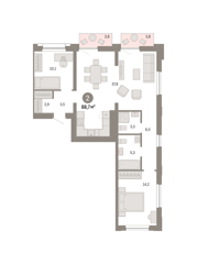 2-комн. кв. 88,7м² , 3 этаж - фото 1