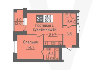 2-комн. кв. 50,9м² , 2 этаж - фото 1