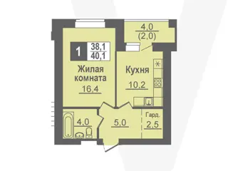 1-комн. кв. 40,1м² , 2 этаж - фото 1
