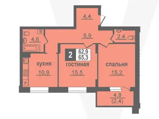 2-комн. кв. 65,3м² , 1 этаж - фото 1