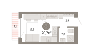 Студия 20,7м² , 7 этаж - фото 2