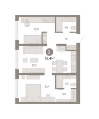 2-комн. кв. 68,4м² , 1 этаж - фото 1