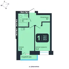 1-комн. кв. 35,9м² , 15 этаж - фото 1