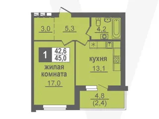 1-комн. кв. 45м² , 2 этаж - фото 1