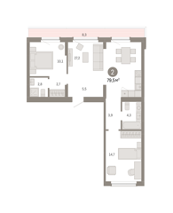 2-комн. кв. 79,5м² , 8 этаж - фото 1