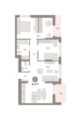 2-комн. кв. 81,3м² , 10 этаж