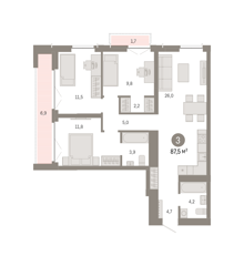 3-комн. кв. 87,5м² , 13 этаж - фото 1