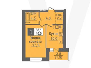 1-комн. кв. 40м² , 9 этаж - фото 1