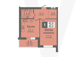 1-комн. кв. 45м² , 2 этаж - фото 1