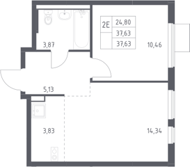 2-комн. кв. 37,6м² , 12 этаж - фото 1