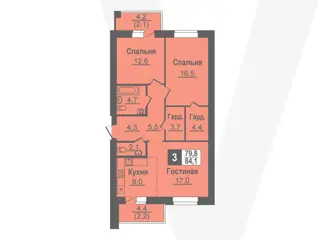 3-комн. кв. 84,1м² , 2 этаж - фото 1