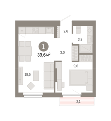 1-комн. кв. 39,6м² , 7 этаж - фото 1