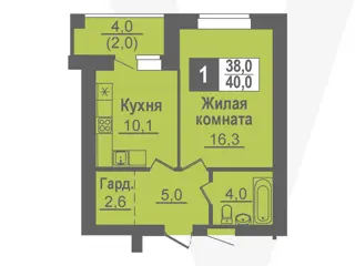 1-комн. кв. 40м² , 5 этаж - фото 1