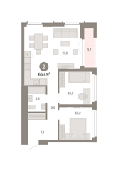 2-комн. кв. 66,4м² , 17 этаж - фото 1
