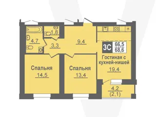 3-комн. кв. 68,6м² , 2 этаж - фото 1