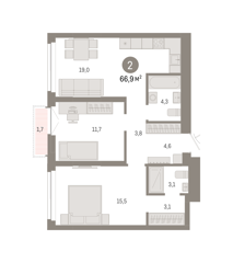 2-комн. кв. 66,9м² , 9 этаж - фото 1