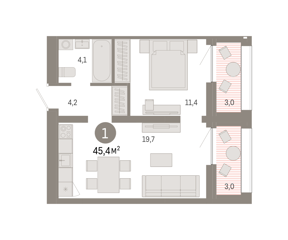 1-комн. кв. 45,4м² , 10 этаж - фото 1