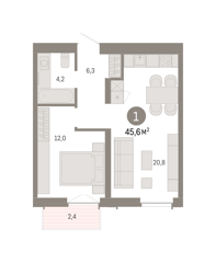 1-комн. кв. 45,6м² , 2 этаж - фото 1
