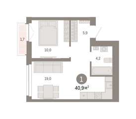 1-комн. кв. 40,9м² , 18 этаж - фото 1