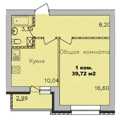 1-комн. кв. 39,7м² , 9 этаж - фото 1