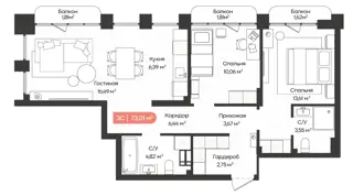 3-комн. кв. 73м² , 13 этаж - фото 1