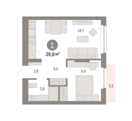 1-комн. кв. 39,8м² , 4 этаж - фото 1