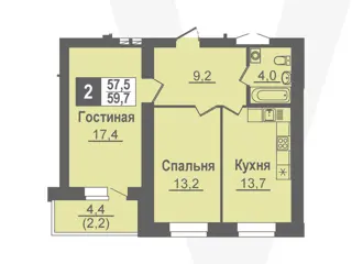 2-комн. кв. 59,7м² , 9 этаж - фото 1