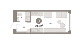 Студия 24,3м² , 2 этаж - фото 2