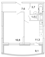 1-комн. кв. 41,2м² , 17 этаж