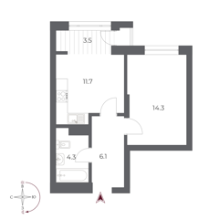 1-комн. кв. 39,9м² , 14 этаж - фото 1