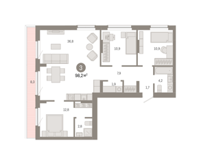 3-комн. кв. 98,2м² , 8 этаж - фото 1