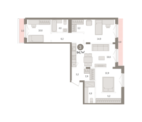 3-комн. кв. 94,7м² , 8 этаж