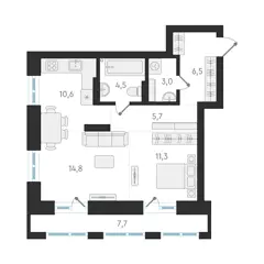 2-комн. кв. 56,4м² , 9 этаж - фото 1