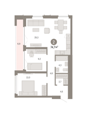 2-комн. кв. 74,7м² , 10 этаж - фото 1