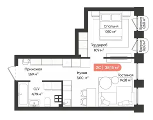 2-комн. кв. 38,2м² , 4 этаж - фото 1