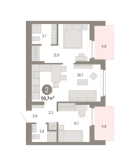 2-комн. кв. 59,7м² , 3 этаж - фото 1