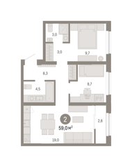 2-комн. кв. 59м² , 9 этаж - фото 1