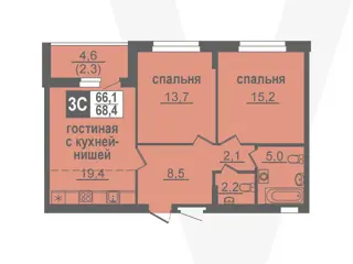 3-комн. кв. 68,4м² , 3 этаж - фото 1