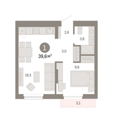 1-комн. кв. 39,6м² , 2 этаж - фото 2