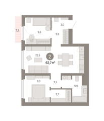 2-комн. кв. 62,7м² , 10 этаж