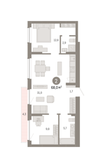 2-комн. кв. 68м² , 9 этаж - фото 1