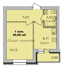 1-комн. кв. 36,9м² , 7 этаж - фото 1