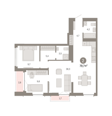 2-комн. кв. 79,7м² , 11 этаж - фото 1