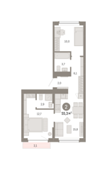 2-комн. кв. 55,3м² , 9 этаж - фото 1