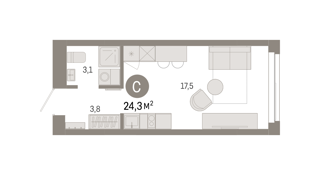 Студия 24,3м² , 6 этаж - фото 1